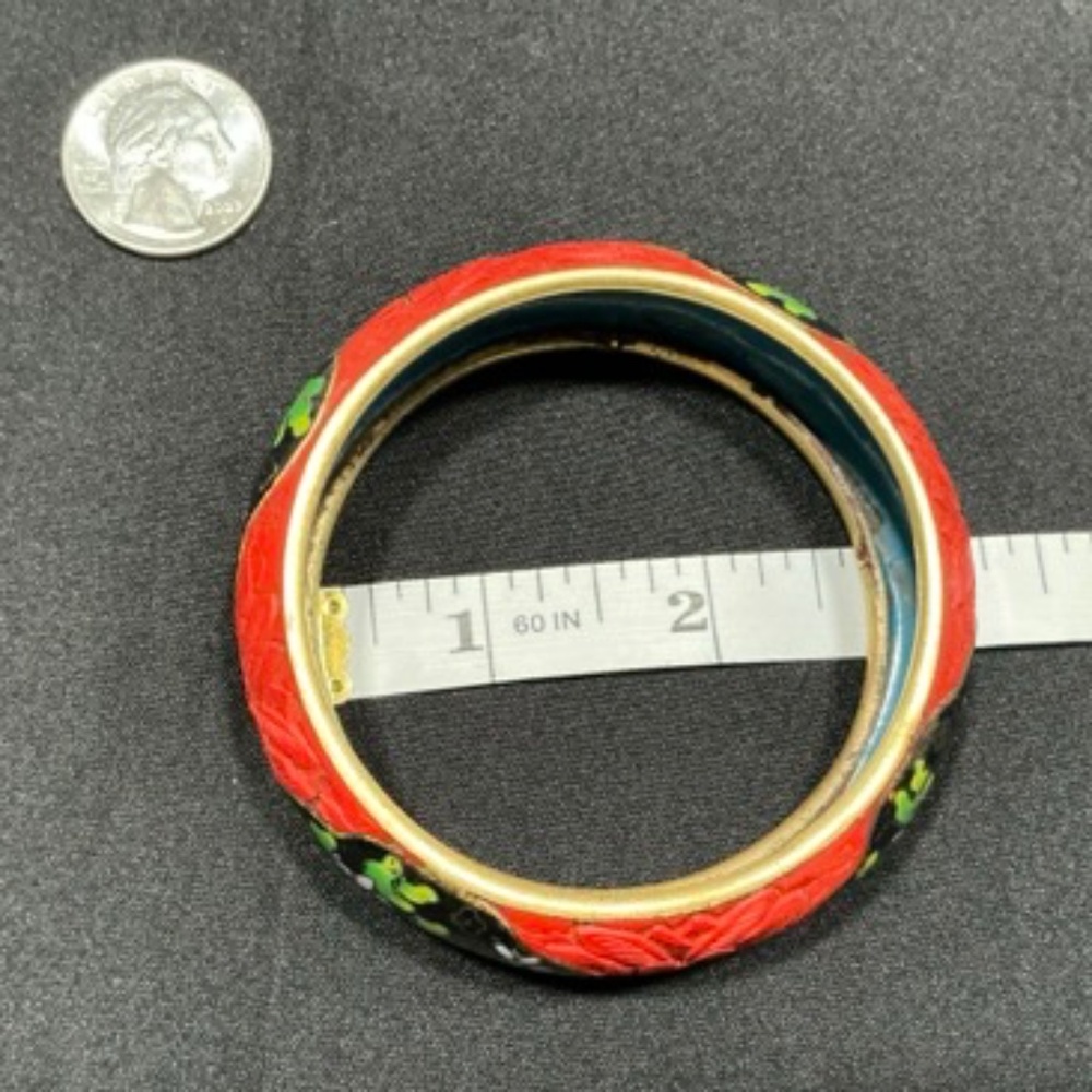 Vintage Cinnabar Cloisonne Floral Bangle Bracelet Size 8 Never Owned - Picture 2 of 6